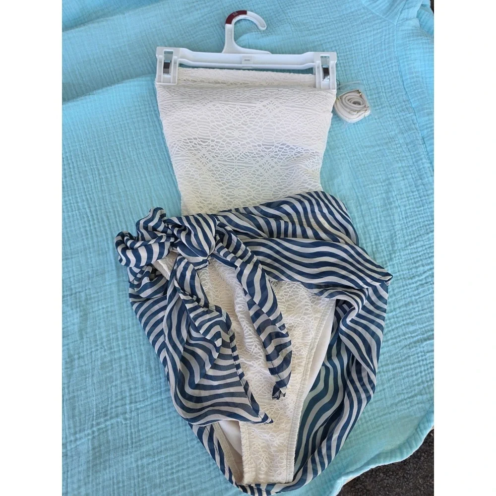 Women's L Wavy Stripe Cover Up Sarong Shade & Shore Teal Blue